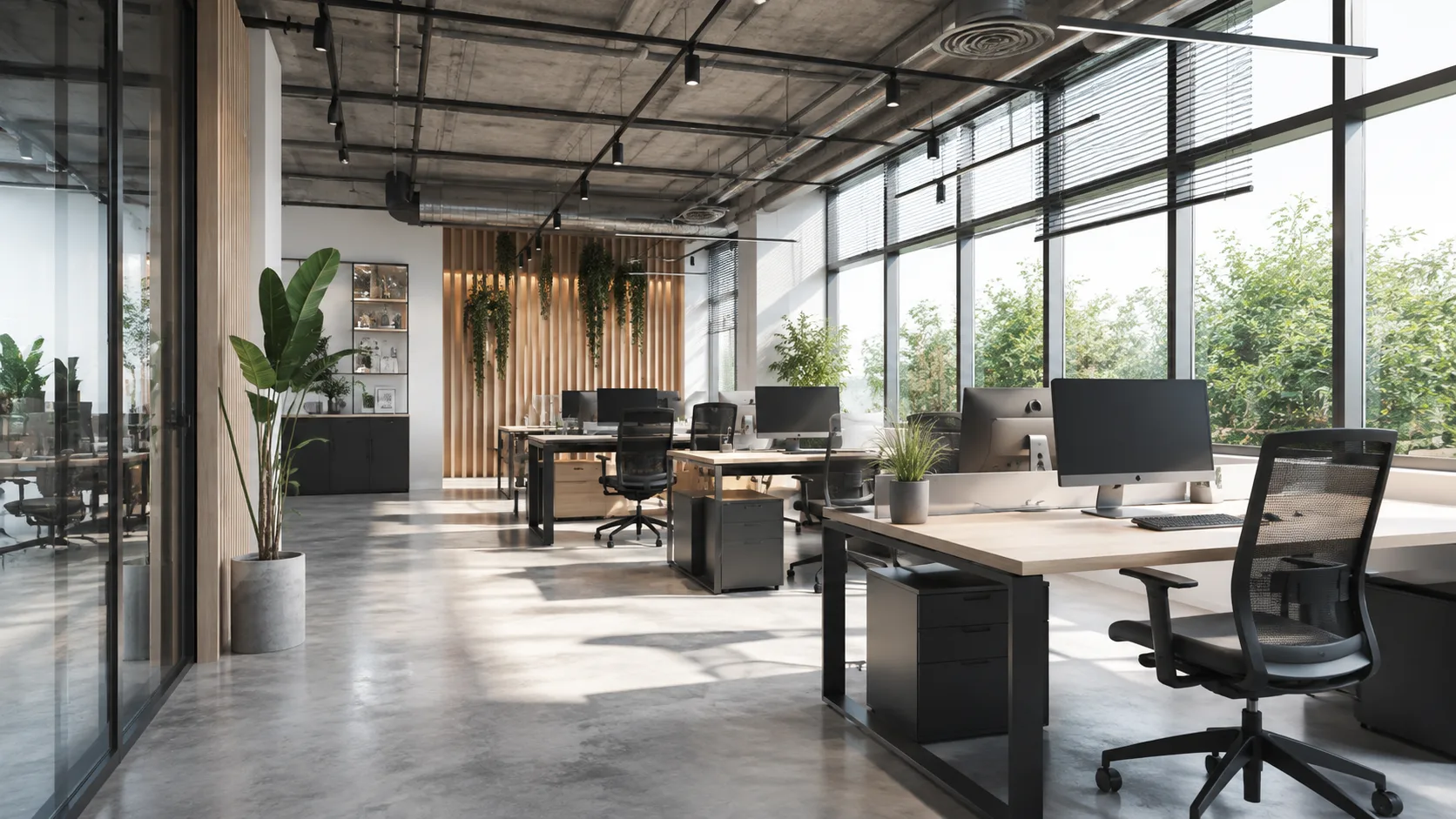 A bright open-plan finance office — wood desks with monitors, black task chairs, floor-to-ceiling windows onto greenery