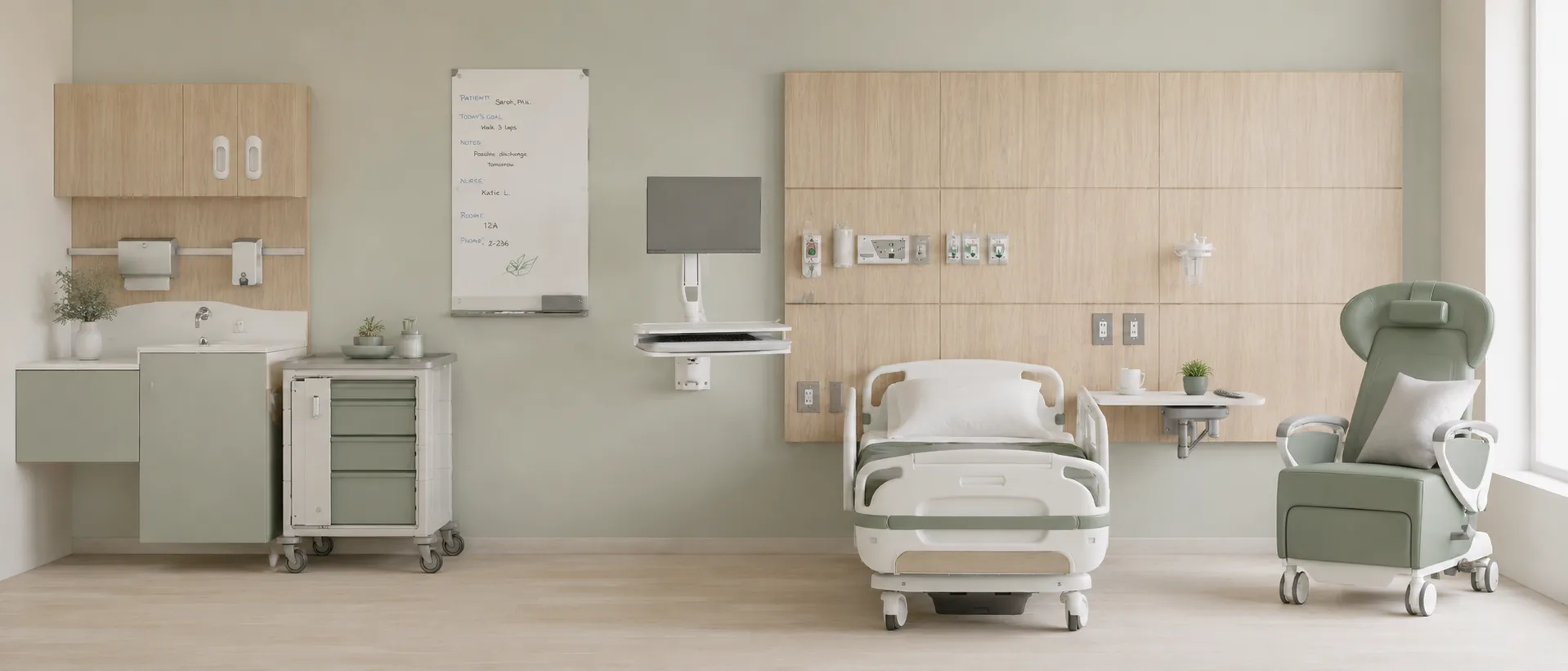 A modern hospital patient room — a wood-panelled headwall with monitor, care-team whiteboard and utilities, a hospital bed centred beside a sage-green recliner
