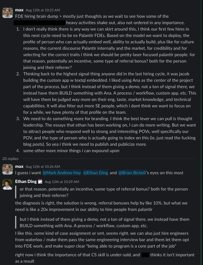 Slack: Max's FDE hiring brain dump and Ethan Ding's first replies