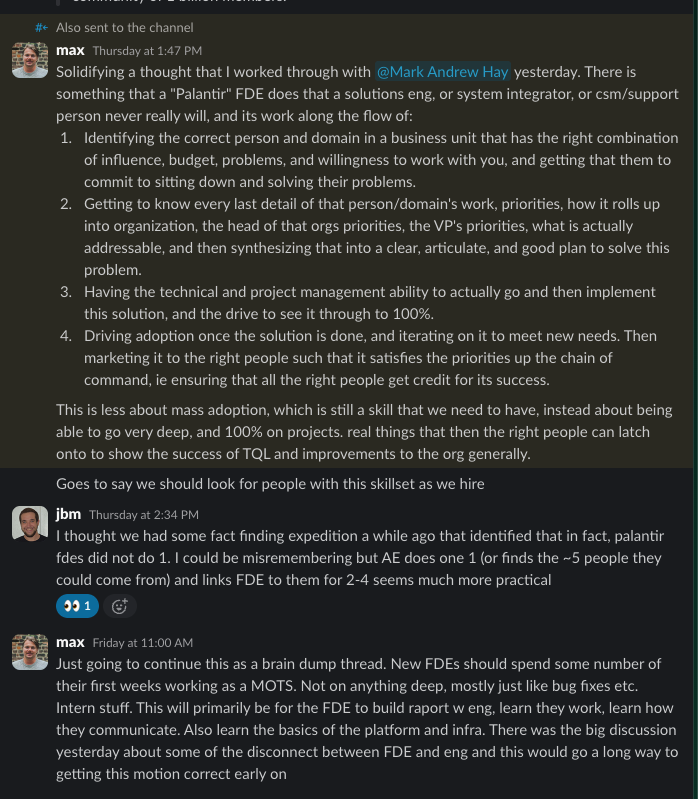 Slack: Max on the Palantir FDE loop, jbm pushing back, and how new FDEs should onboard